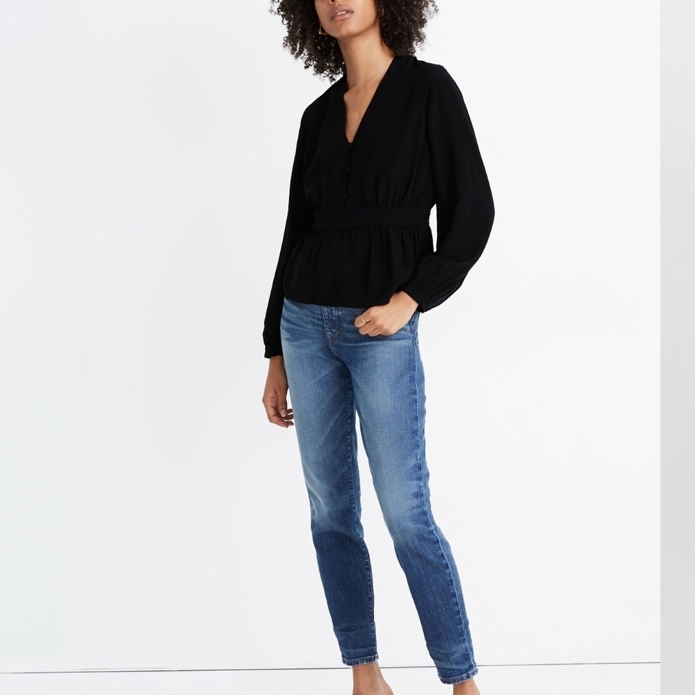 Madewell 100% Silk V-Neck Peplum Top Black Size Medium Womens
